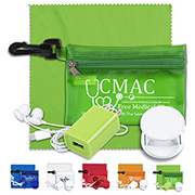“ReCharge Plus” Mobile Tech Charging Cables and Earbud Kit in Zipper Pouch Components inserted into Polyester Zipper Pouch